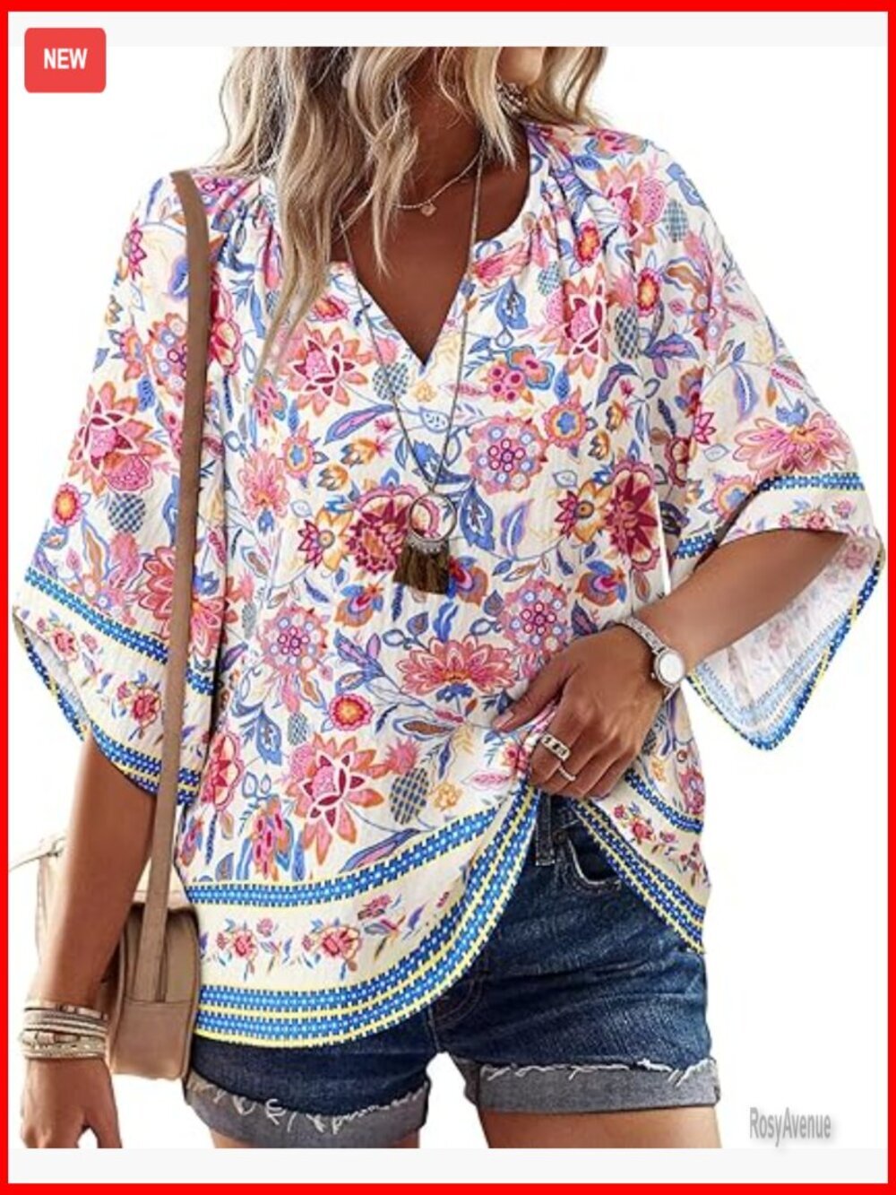 3/4 Sleeve V Neck Bohemian Peasant Blouse Casual Loose Fit Tunic Top